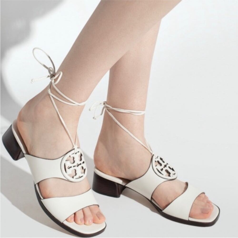 TORY BURCH White Lace Up Miller Leather Block Heel $425 Sandals Shoes Slides 7 - Picture 4 of 16